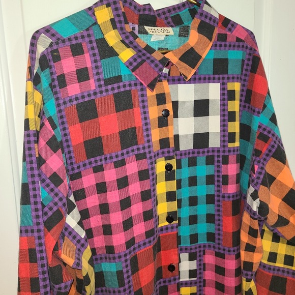 Special Preview Tops - 80s Special Preview Patchwork Button Up Shirt Women's Sz 4X Mixed color plaid